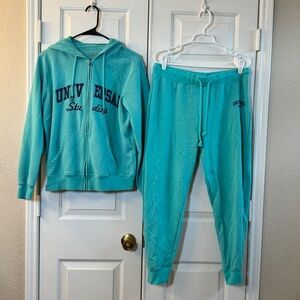 VTG Y2K Universal Studios Zip Up Hoodie & Joggers Sz LARGE Teal Adult 2pc Blue